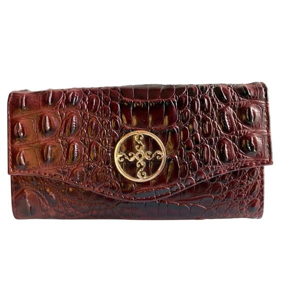 Stauer Handbags - STAUER Embossed Crocodile Trifold Leather Wallet Dark Cognac Brown Animal Print
